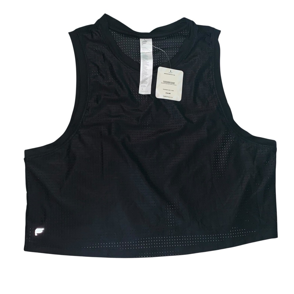 Fabletics Black Perforated Mesh Boxy Tank Activewear L Scoop Neck Sleeveless NWT